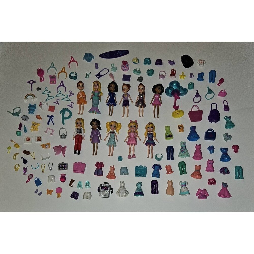 Polly Pocket Toy Mixed Lot 11 Dolls 100+ Accessories Bags Clothes Hats Karaoke